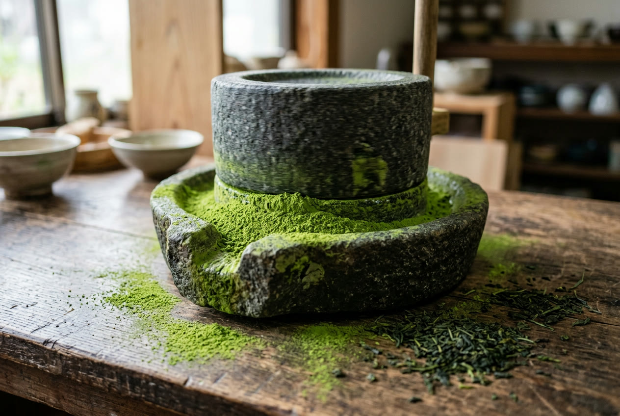 Traditionelle Steinmühle beim Matcha-Mahlen