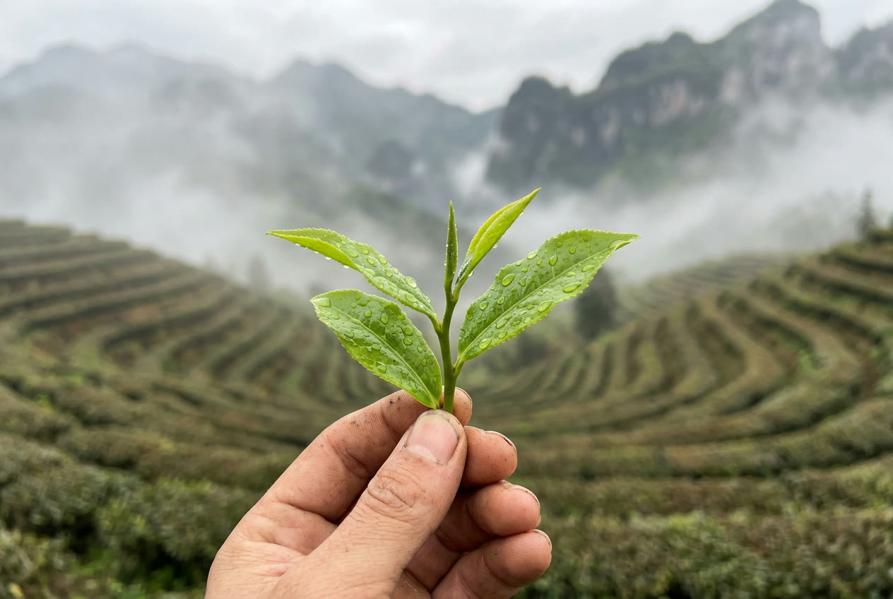 Frisch gepflücktes Teeblatt auf chinesischer Teeplantage